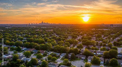Sunset over dense suburban neighborhood with city skyline in distance
