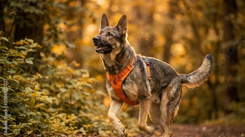 Energetic German Shepherd dog running through autumn forest path, wearing orange harness, dynamic motion capture in golden sunlight, nature outdoor activity
