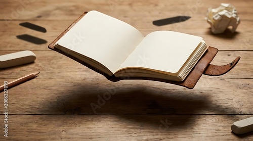 Open notebook floating above wooden surface with writing tools