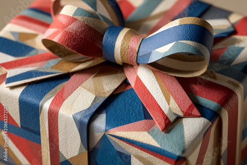 A close-up of a gift box wrapped in paper with a Union Jack-inspired design and a matching bow.