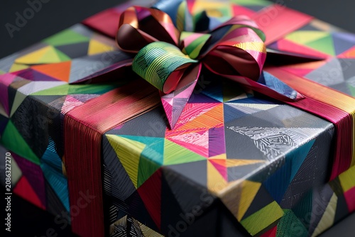 A vibrant and colorful gift box wrapped with a geometric pattern and a rainbow ribbon bow.