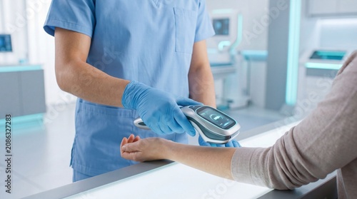 Nurse scanning patient wristband with handheld digital device in modern hospital clinic, healthcare identification and medical record management concept.