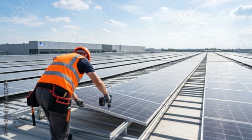 Professional worker installing solar panels on industrial roof, renewable energy construction site, green power technology infrastructure development