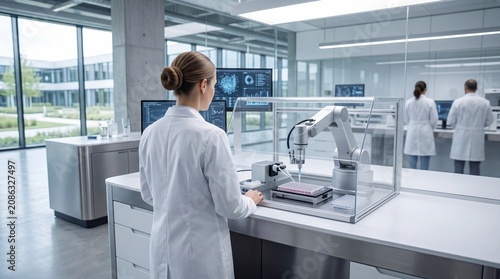 Female scientist operating robotic arm in modern laboratory, biotechnology research automation, pharmaceutical testing equipment, advanced medical science innovation