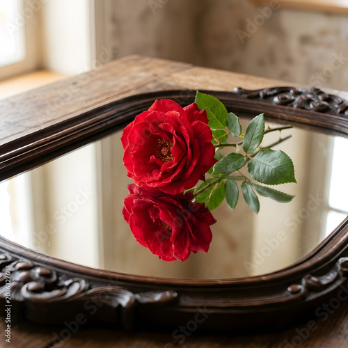 Fresh red rose bud with green leaves in glass vase.