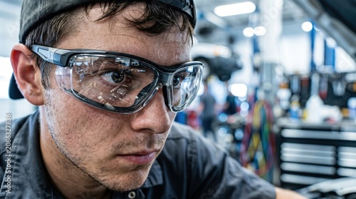Focused young mechanic performing vehicle maintenance in a professional auto repair shop