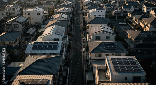 Aerial view of a dense Japanese residential neighborhood at sunset