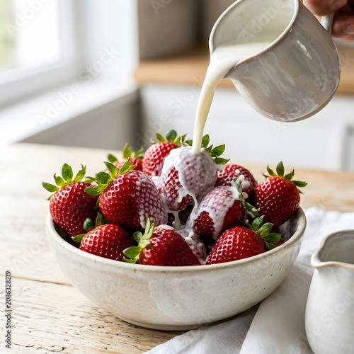 Fresh strawberries raspberries and mint in glass bowl.