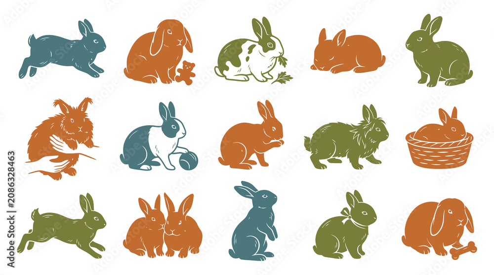 Fototapeta premium Cute vector illustration of colorful rabbits in different poses, flat design