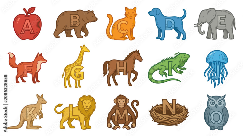 Obraz premium Vibrant Cartoon Vector Alphabet with Animals and Objects for Children's Early Learning Education