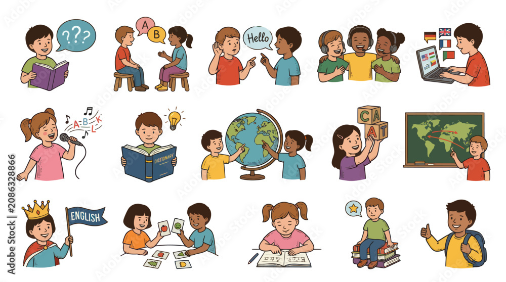Fototapeta premium Children Learning Languages and Geography with Books, Globe, and Computer