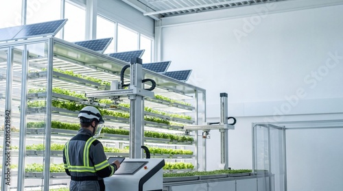 Engineer monitoring automated vertical farming system with hydroponic plants and solar panels in high-tech greenhouse