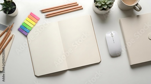 Open notebook with pencils mouse and coffee cup on white desk