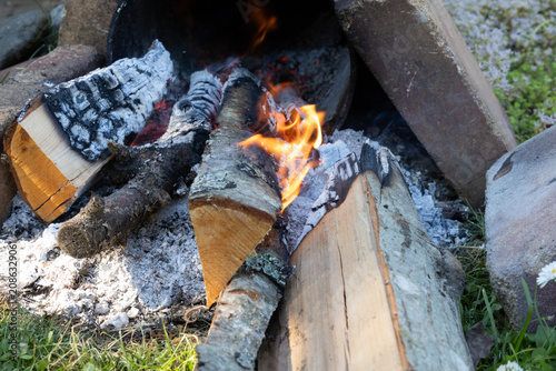 Photos Backyard Fire Pit With Burning Firewood Inside a Makeshift Brick Stove Outdoor C