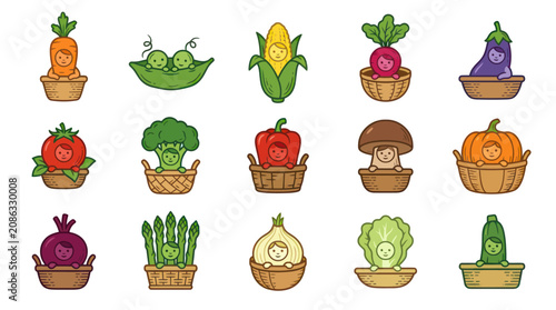 Cute Cartoon Vegetable Characters in Baskets Set - Healthy Food Garden Produce Flat Icons Collection