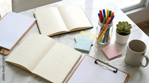 Open notebooks pens and sticky notes on a clean desk surface