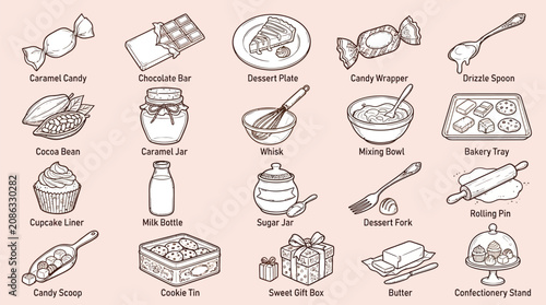 Tableau sur toile Collection of hand-drawn baking and dessert ingredients and tools, presented in a charming line art style