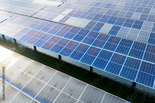 Aerial shot of aquatic solar power station, fishery-solar hybrid PV base