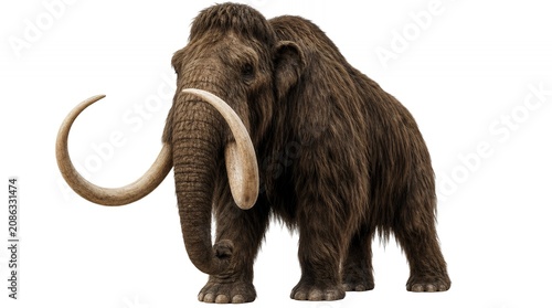 Large Brown Woolly Mammoth with Long Curved Tusks Standing on White Background