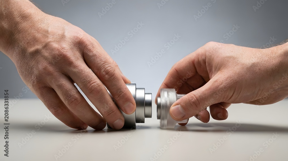Fototapeta premium Hands assembling two precision metal mechanical components together.