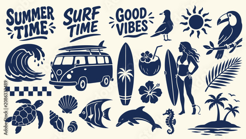 Photography Collection of summer surfing and beachthemed graphic elements and icons