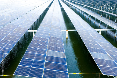 Aerial shot of aquatic solar power station, fishery-solar hybrid PV base
