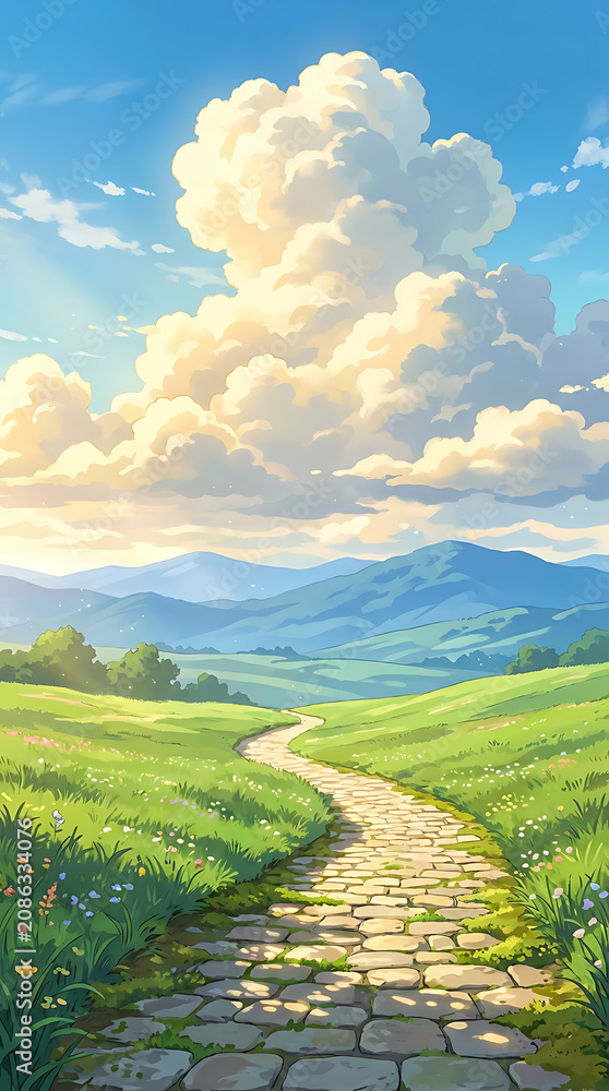 Fototapeta premium Winding cobblestone path through green fields toward distant mountains