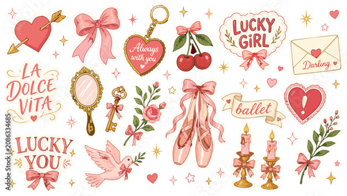 Fotografie Collection of cute pink and gold stickers with romantic and lucky themes on whit