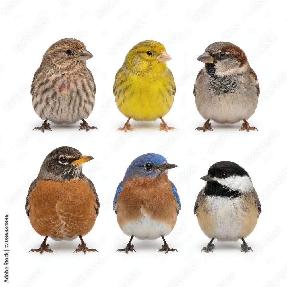 Fototapeta premium Six Small Colorful Songbirds Sitting in Two Rows Isolated on White Background