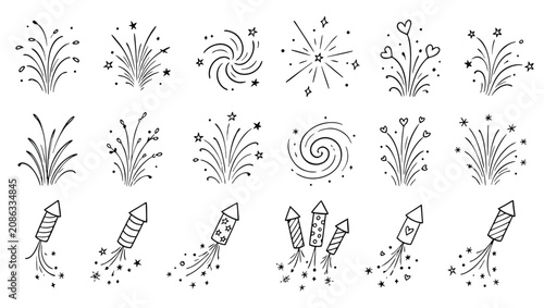 Collection of handdrawn doodle style fireworks and rockets for celebrations and parties