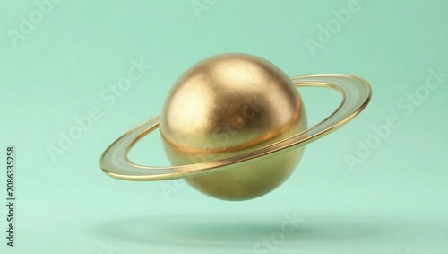 Minimalist Golden Planet Saturn Model over Mint Green Background