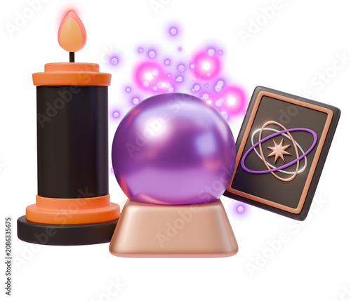 Crystal ball tarot card and candle magical fortune telling scene