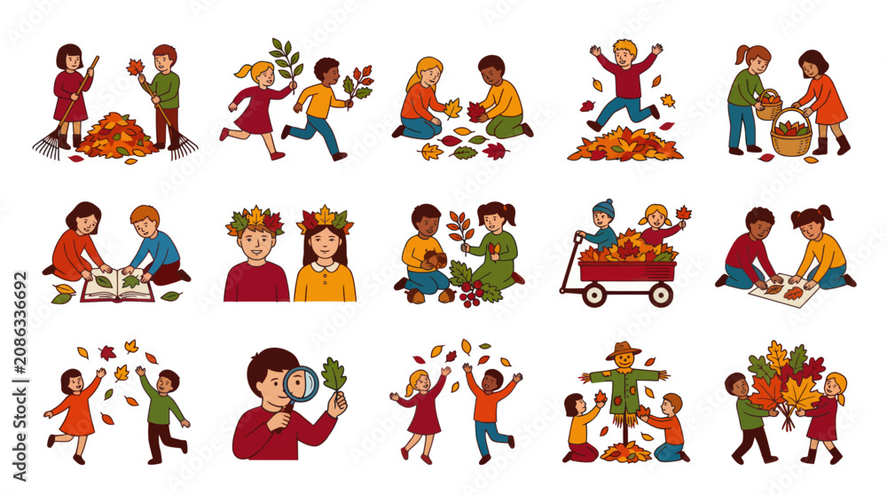 Fototapeta premium Children Playing with Autumn Leaves Flat Vector Illustration Set. Kids Enjoying Fall Season Activities.