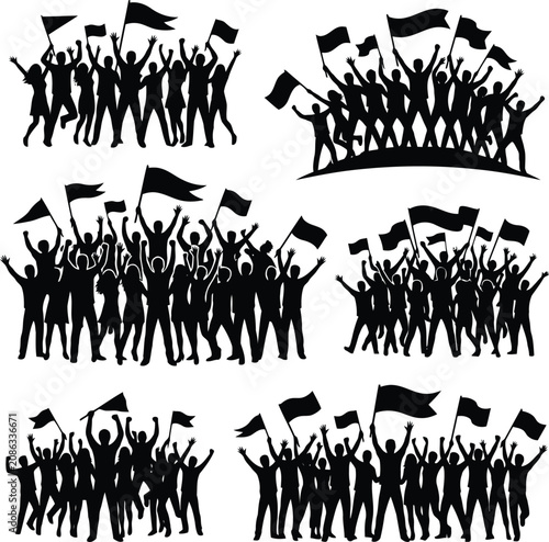 Cheering Graduate Crowd Silhouette Set with Raised Arms and Graduation Caps on White Background