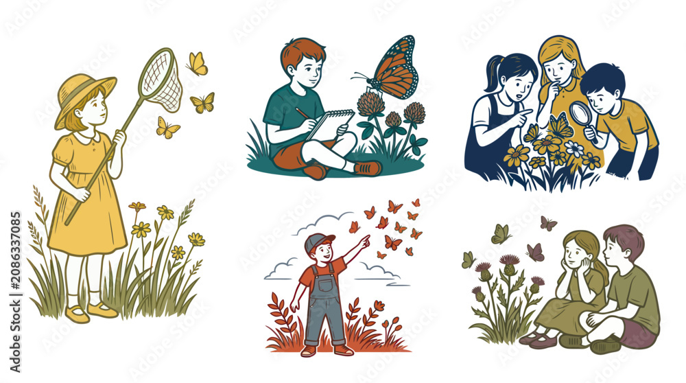 Obraz premium Children Observe Butterflies in Nature, Flat Vector Illustration