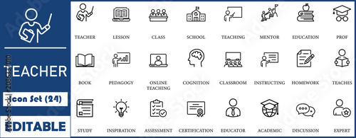 Teacher icon set. Containing lesson, class, school, teaching, mentor, professor, education, books, instruct, knowledge and pedagogy. Vector line symbol collection.