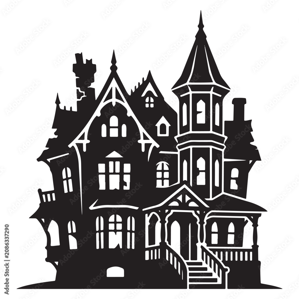 Fototapeta premium Black silhouette of a spooky haunted house mansion