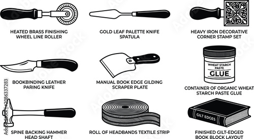 Bild auf Leinwand Professional Bookbinding and Gilding Craft Tools Icon Set with Leather Knife Fin