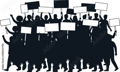 Quadro su tela Crowd Silhouette Protesters Holding Blank Signs, Demonstration and Public Protes