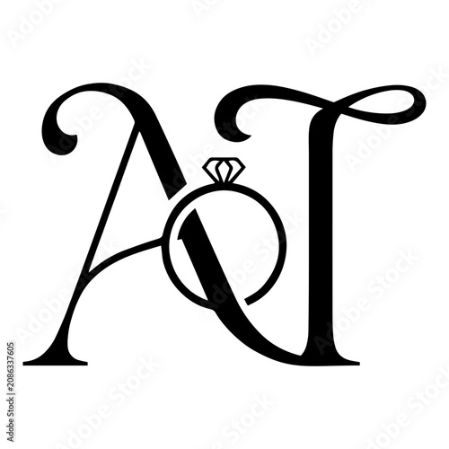 Elegant Wedding Monogram Letter AT Initial with Diamond Ring Vector Logo	