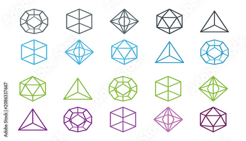 Geometric polyhedron dice vector icon set. Outline platonic solids, abstract mathematical shapes, crystalline gemstone facets and colorful linear gaming elements.