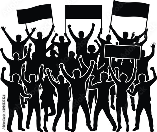 Foto Black Silhouette Crowd Protesters Holding Blank Signs Isolated on White Backgrou
