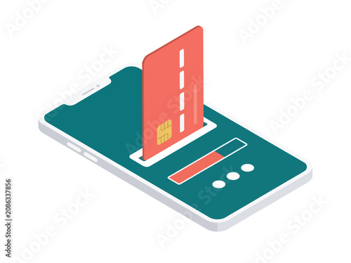 isometric illustration of a coral credit card being seamlessly inserted into a teal smartphone screen, symbolizing an encrypted mobile payment transaction