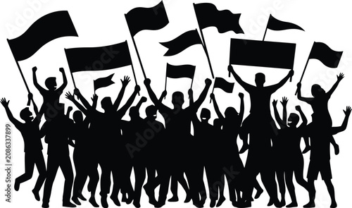 Fotografia Silhouette of Protest Crowd Holding Flags and Banners, Public Demonstration Isol