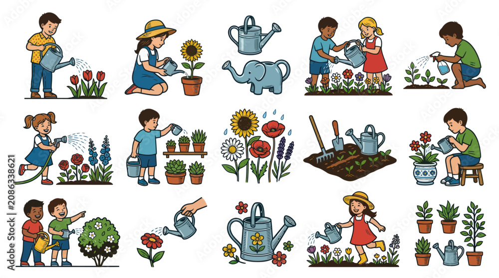 Fototapeta premium Children and Adults Gardening Cartoon Vector Illustration Set, Watering Plants and Flowers, Nature Activities