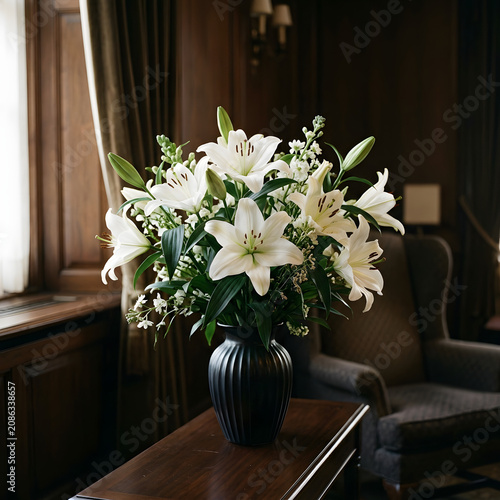 Elegant white and green lily flower arrangement in vase.