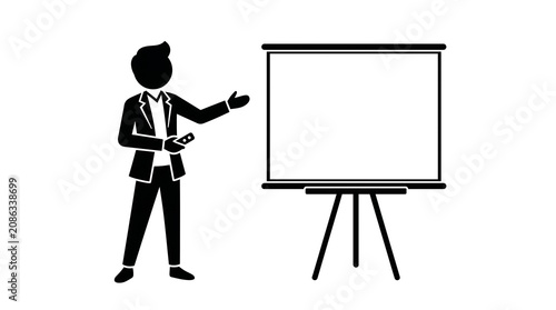 Business presentation silhouette icon, professional speaker with projector screen, corporate trainer giving a seminar, black and white lecture graphic