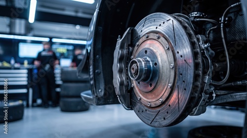 Close-up of a high-performance brake disc assembly on a professional racing vehicle in a workshop