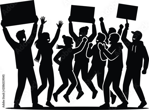 Tableau sur toile Silhouettes of Protesters Holding Signs in a Crowd Demonstration Isolated on Whi