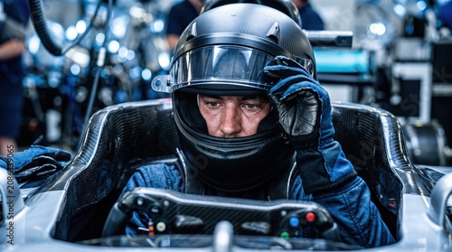 Focused professional driver preparing for a high-speed race in the garage